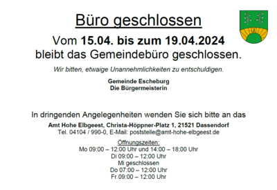 Gemeindebüro geschlossen 15.-19.04.2024