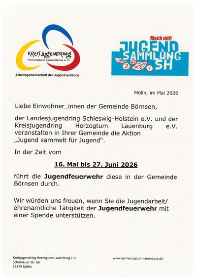 "Jugend sammelt f&uuml;r Jugend" - Jugendfeuerwehr B&ouml;rnsen