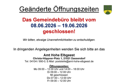Gemeindeb&uuml;ro Escheburg geschlossen Juni 2026