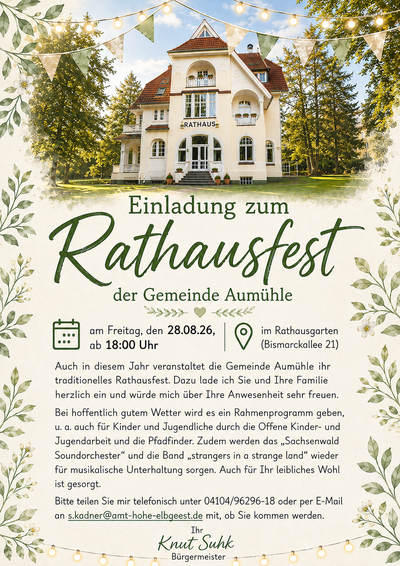 Plakat Einladung Rathausfest Aum&uuml;hle am 28.08.2026 ab 18 Uhr