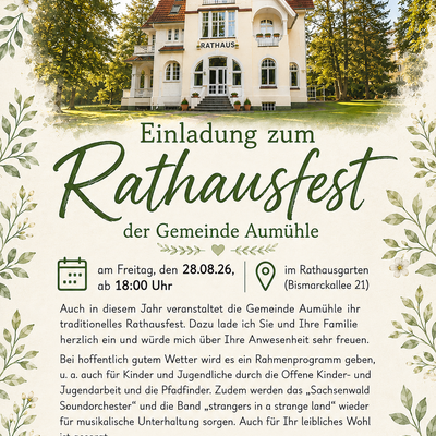 Plakat Einladung Rathausfest Aum&uuml;hle am 28.08.2026 ab 18 Uhr