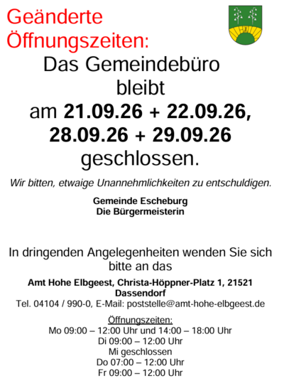 Gemeindeb&uuml;ro geschlossen September 2026 - 2